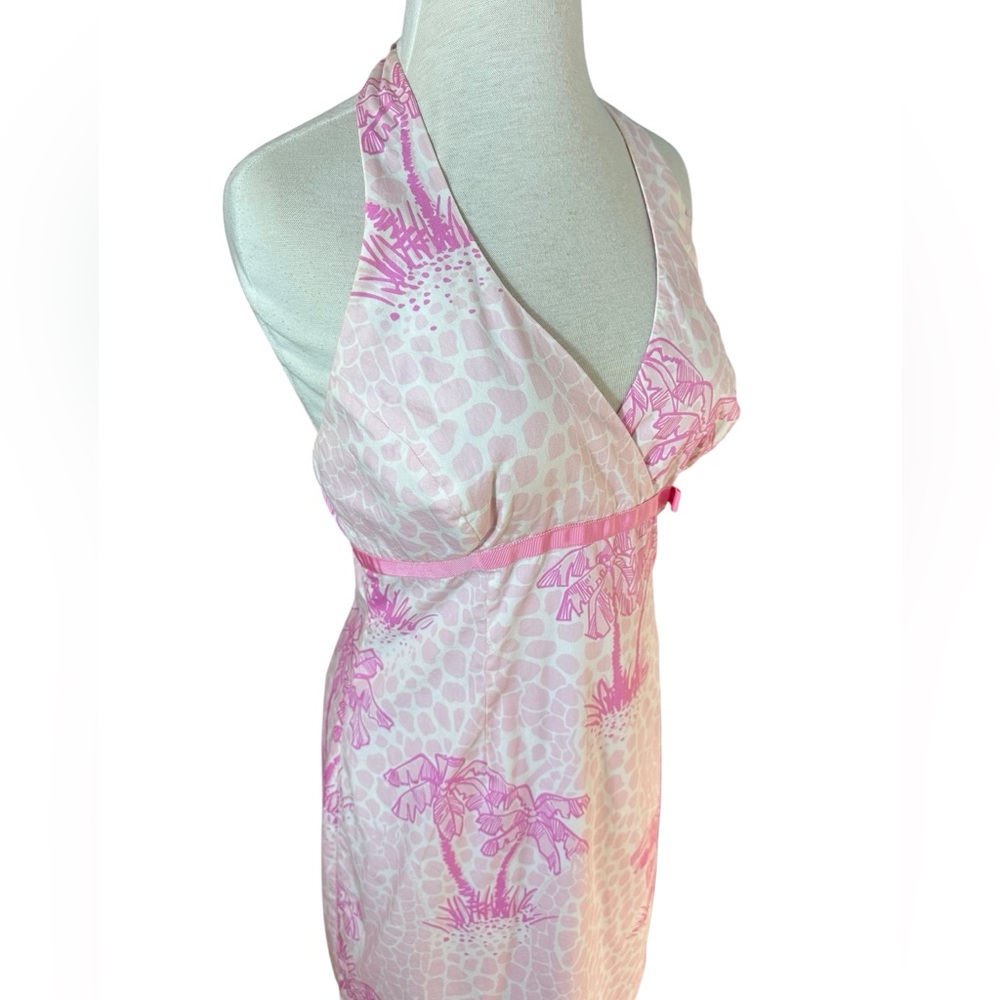 Lilly Pulitzer Vintage Y2K Pink Palm Tree Print With Bow Halter Mini Dress - Picture 7 of 10